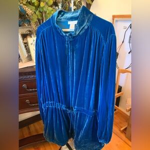 Soft Surroundings Beautiful Blue Teal Velvet Zipper Jacket 2X Drawstring Waist